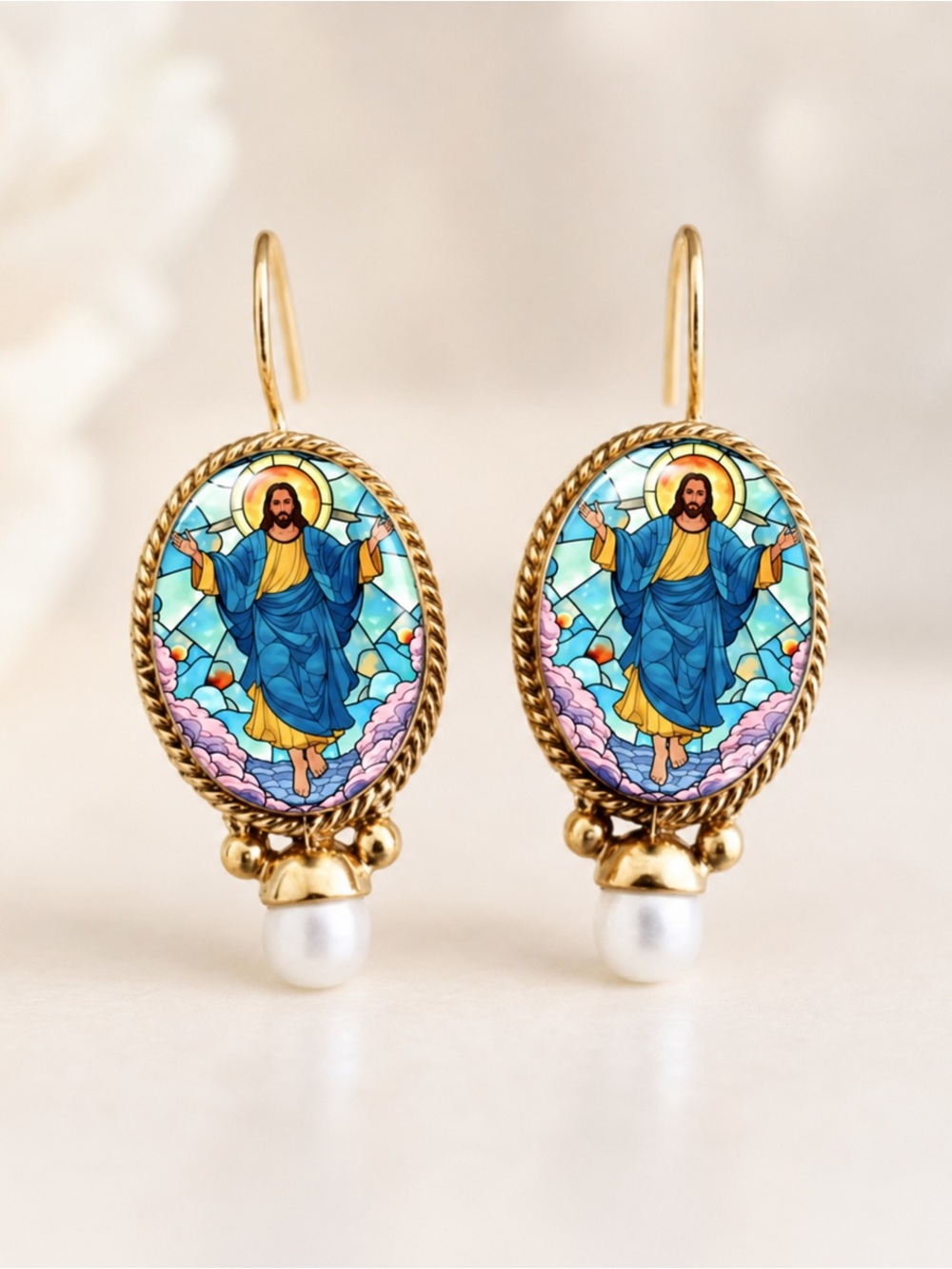 Gold-Tone Stained Glass Jesus Drop Earrings with Pearl Accent - Blue